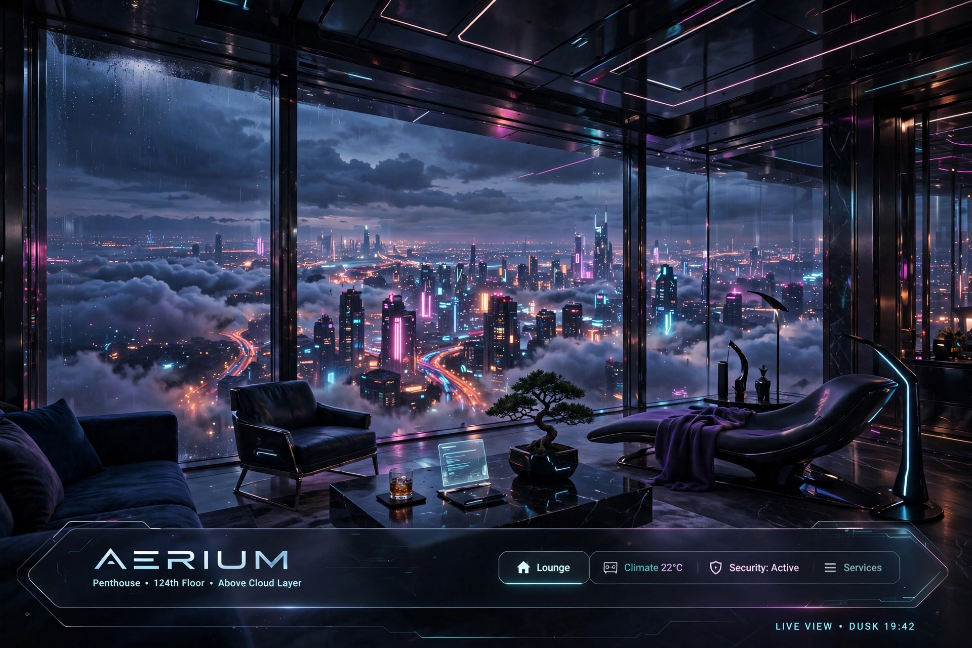 A penthouse lounge high above a sea of cloud, the towers of the city glowing far below at dusk
