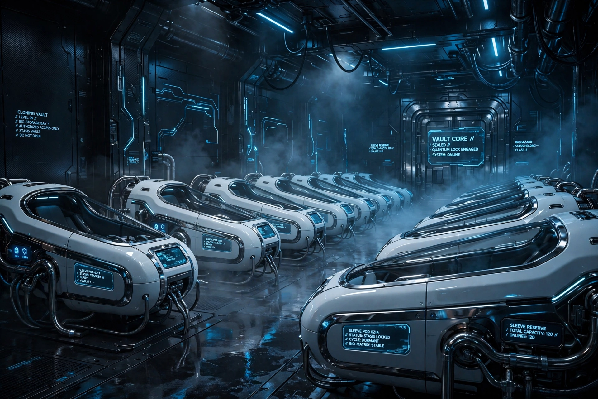 Rows of unoccupied frames held in a cold, blue-lit vault beneath the Crown Ring